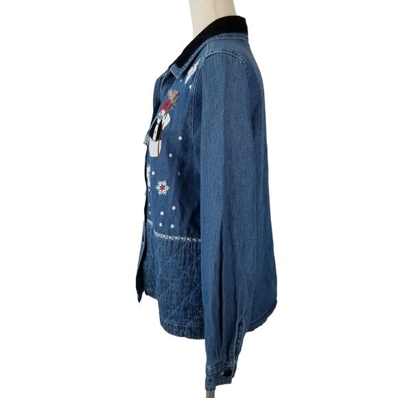 Quizz Again Company Blue Denim Snowman Shirt Shacket Embroidered Vintage  Medium - Picture 2 of 4